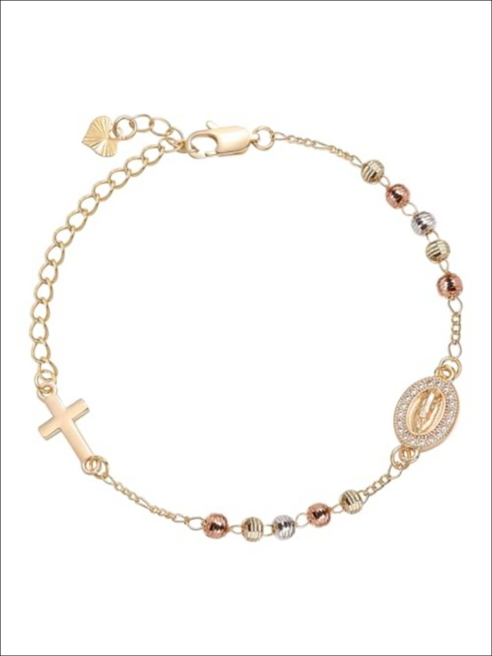 14K Gold Plated 3-Color Rosary Bracelet Dainty Cross Charm Catholic